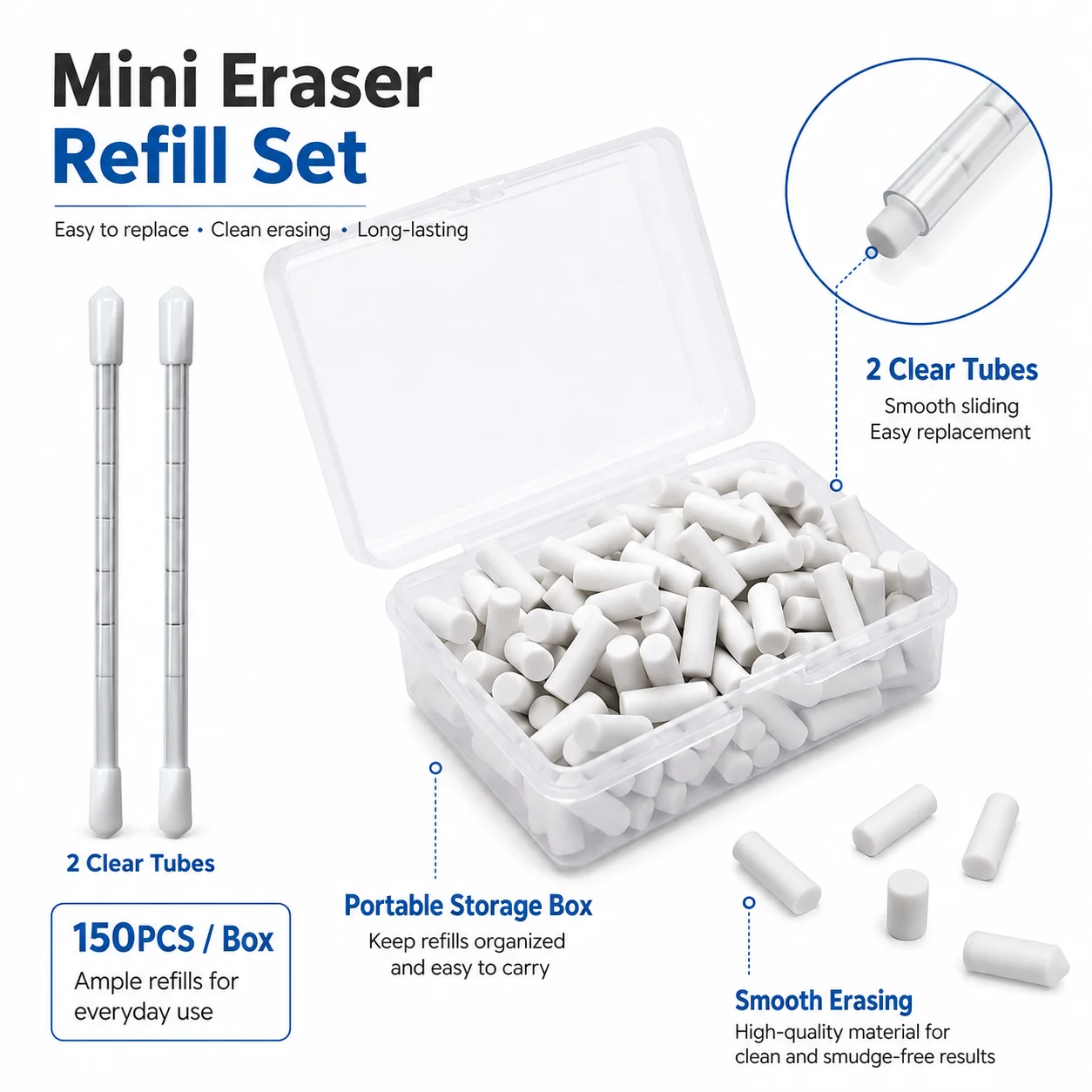 150 Stück/Box Große Kapazität Automatische Bleistift-Mini-Radiergummis, mit 2 Tuben, für Kunstskizzen und das Beseitigen von Schreibfehlern in Schreibwaren.