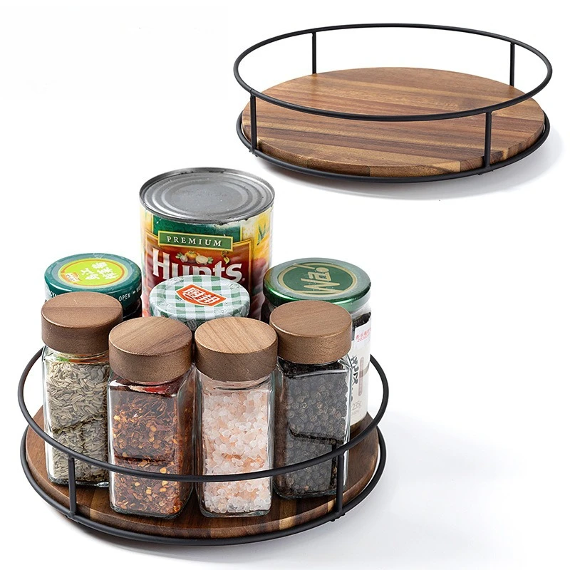 360° Rotating Wood Rack Lazy Susan Turntable Organizer with Metal Guardrail for Kitchen Countertop Pantry Vanity Storage