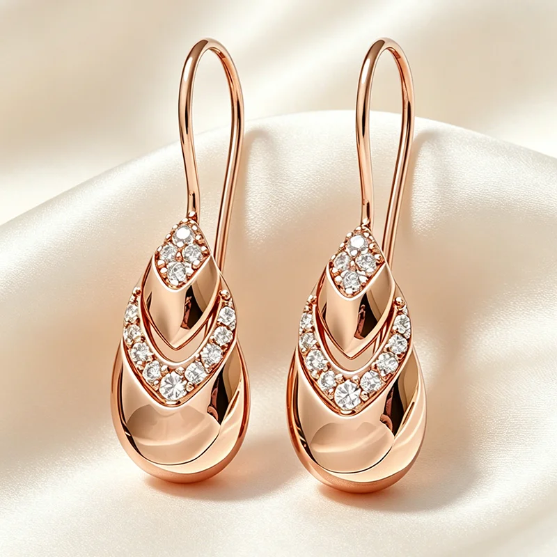 Kinel Ungewöhnliche glänzende lange Tropfen-Ohrringe für Damen, trendig, geometrisch, 585er Roségold, mit natürlichem Zirkon, täglicher edler Schmuck