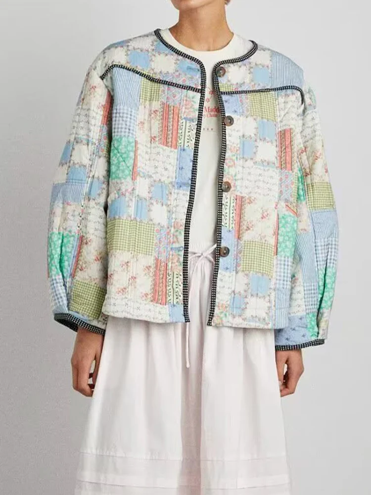 

Женская одежда в европейском и американском стиле, новинка 2025, модная универсальная тонкая лоскутная хлопковая куртка с длинными рукавами и принтом