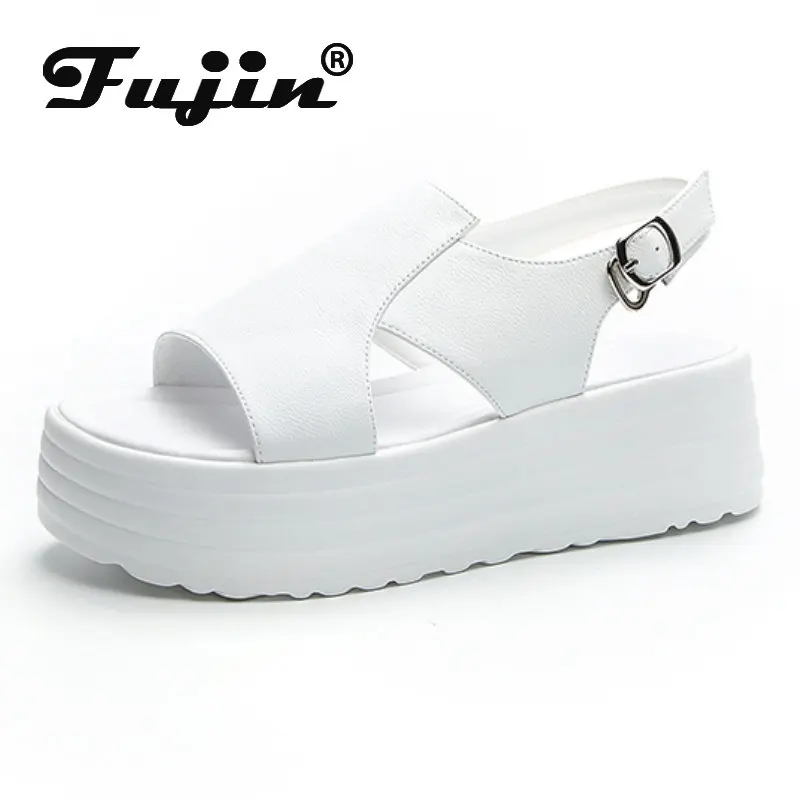 Fujin 6cm 2024 Mcrofiber Leather Sandals Platform Wedge Shoes Women Summer Slides Slippers Buckle Strap Concise Females Shoes