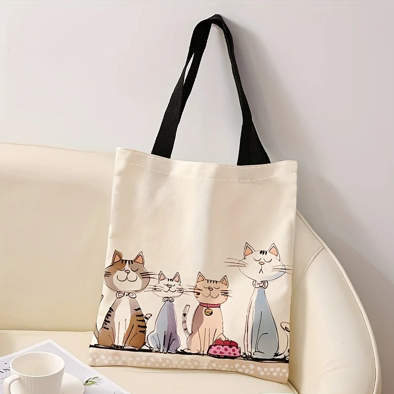 

4 Cute Kitten Print Tote Bag - Large Capacity, Foldable Shoulder Bag with Black Handles, Lightweight Shopping Bag for Travel