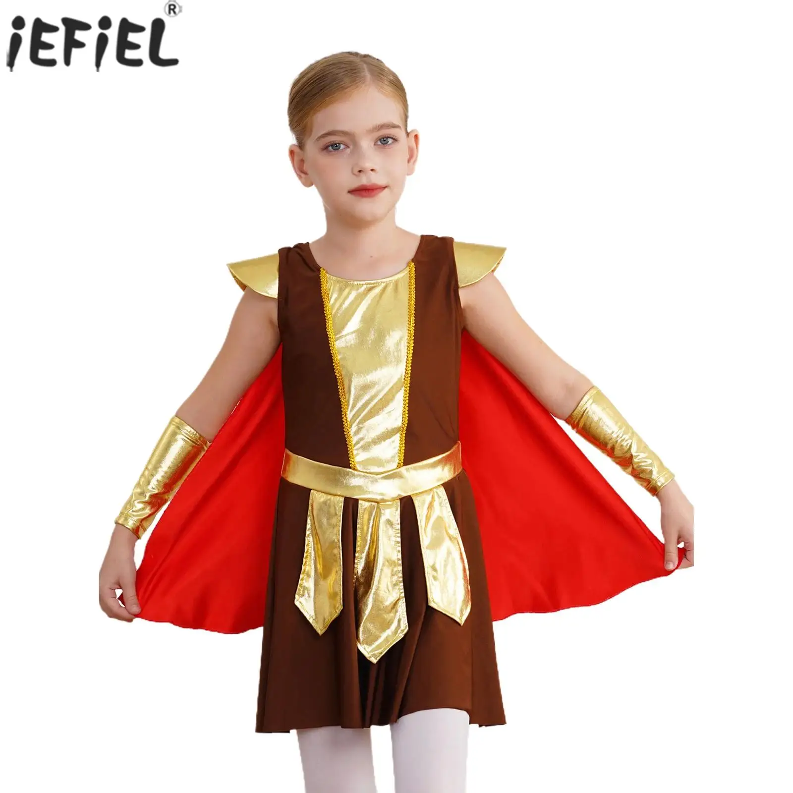 Kid Girls Halloween Ancient Roman Warrior Costume Medieval Viking Soldier Gladiator Dress Up Metallic Shiny Robe Dress with Cape