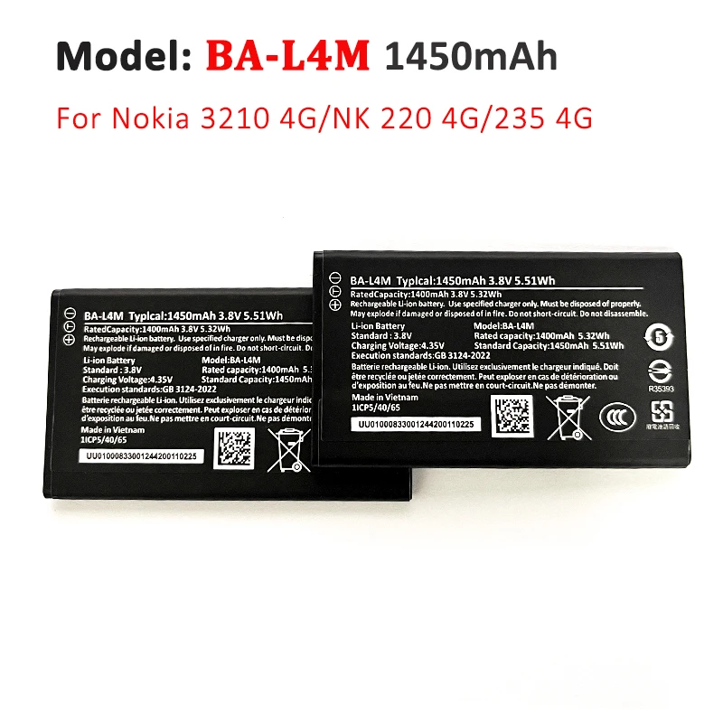 BA-L4M BA L4M Battery 3.8v 1450mAh Replacement Li-ion Batteries for Nokia 3210 4G（2024）/NK 220 4G/235 4G Mobile Phone