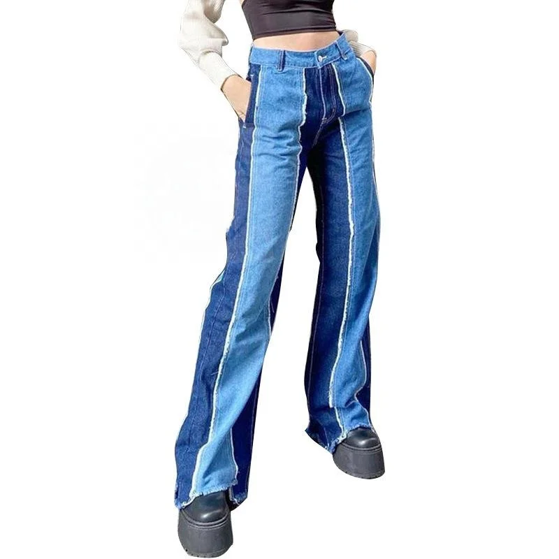 

Women's Casual Contrast Color Stitching Straight Leg Jeans Long Trousers for Young Women 8-24 Years Old Winter Season