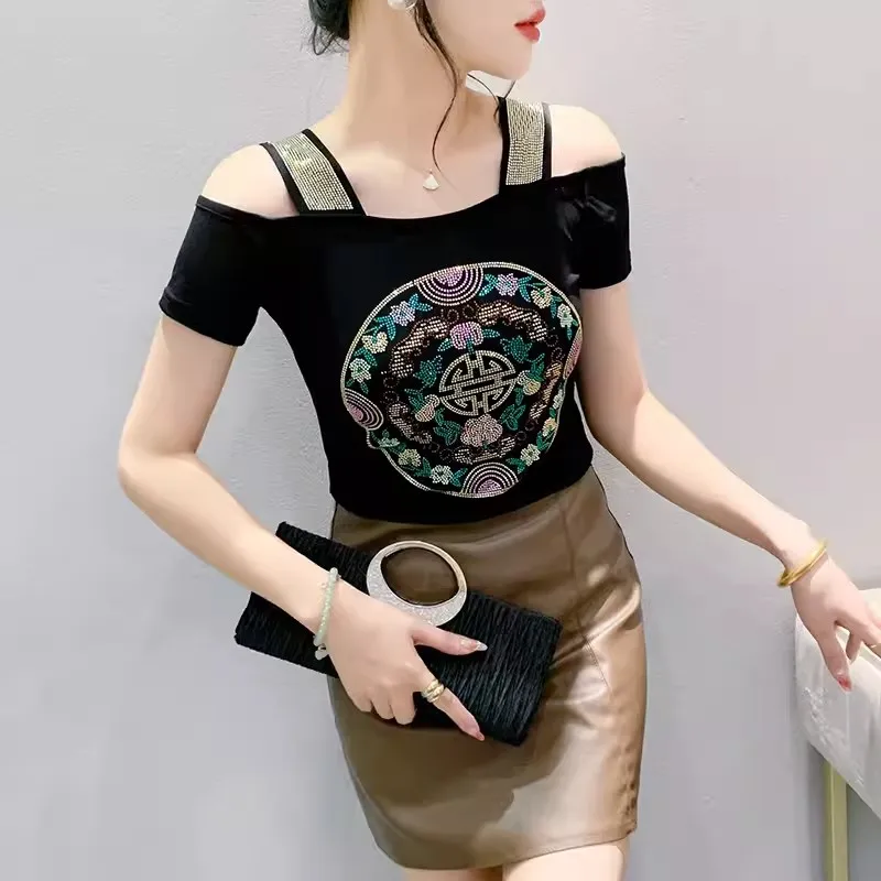 New European Clothes Summer Fashion Sexy Off Shoulder T-Shirt Design Shiny Diamonds Women’s Mesh Tops All Match Tees Blouse
