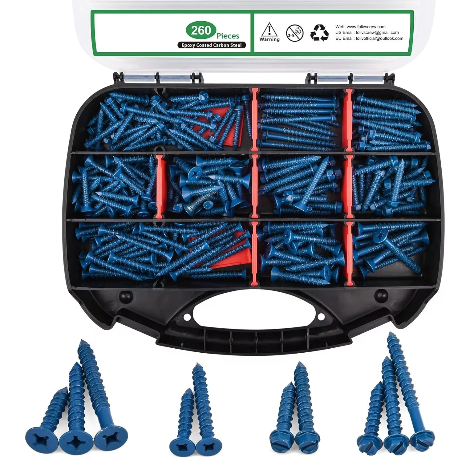 

260 PCS Concrete Screws with Drill Bits, 1/4 3/16 Concrete Screw Combo Kit, Flat Head and Hex Head Masonry Screws, Lengths rangi