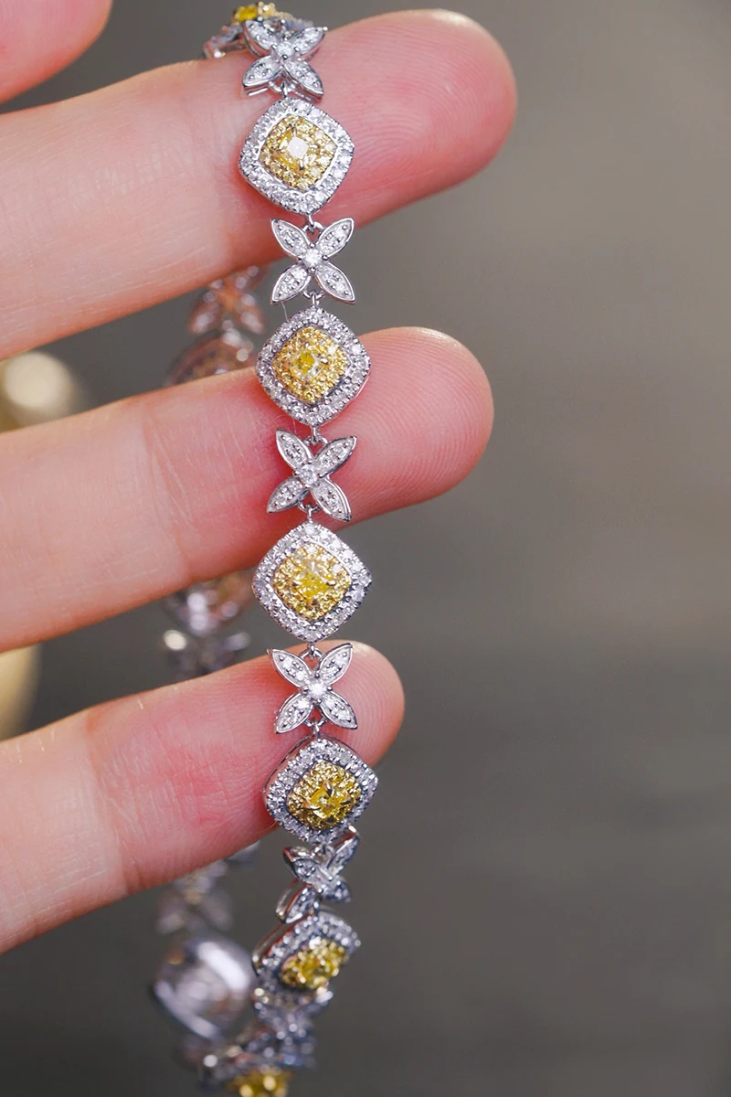 LUOWEND 100% 18K White Gold Bracelet 2.75carat Real Natural Yellow&White Diamond Bracelet for Romantic Style Wedding Jewelry