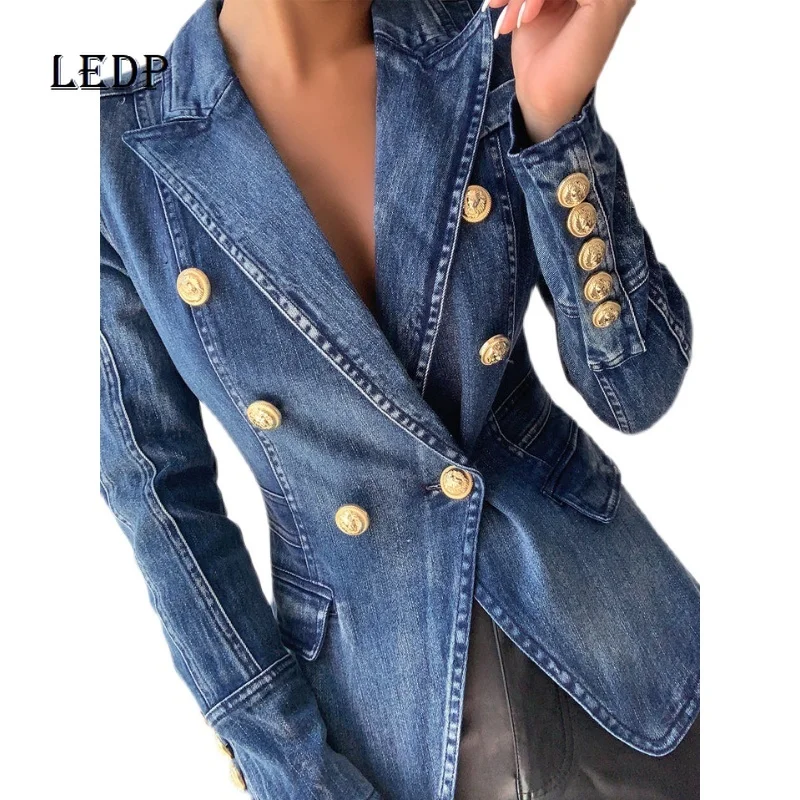 

European Goods Vintage Double Breasted Wash Denim Jacket Women Winter New Fashion OL Tailored Collar Casual Slimming Jackets