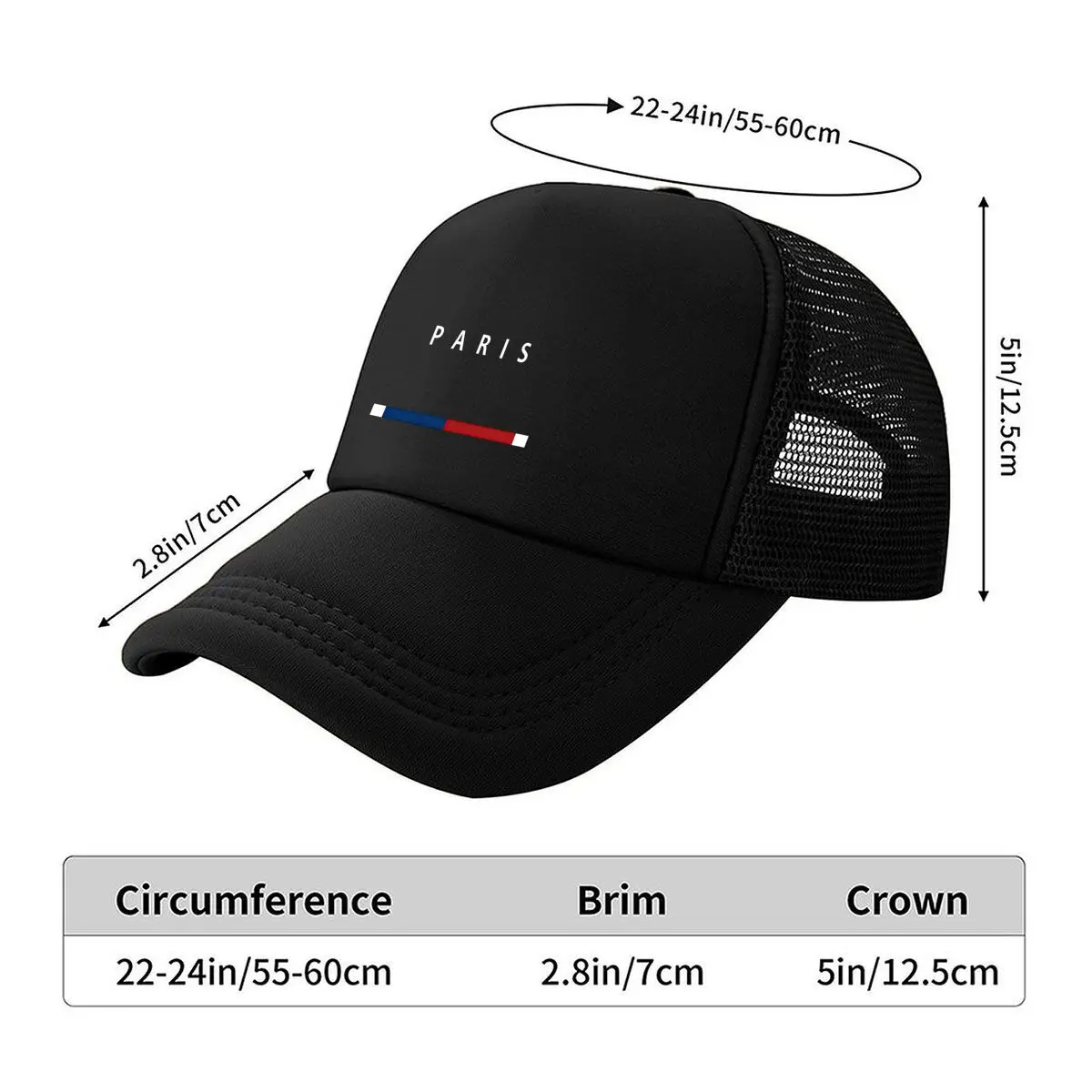 Minimalist with Geometric _PARIS_ Print - Adjustable,Black with Red & Blue Stripes, Perfect for Comm 2026 Mesh Baseball Cap