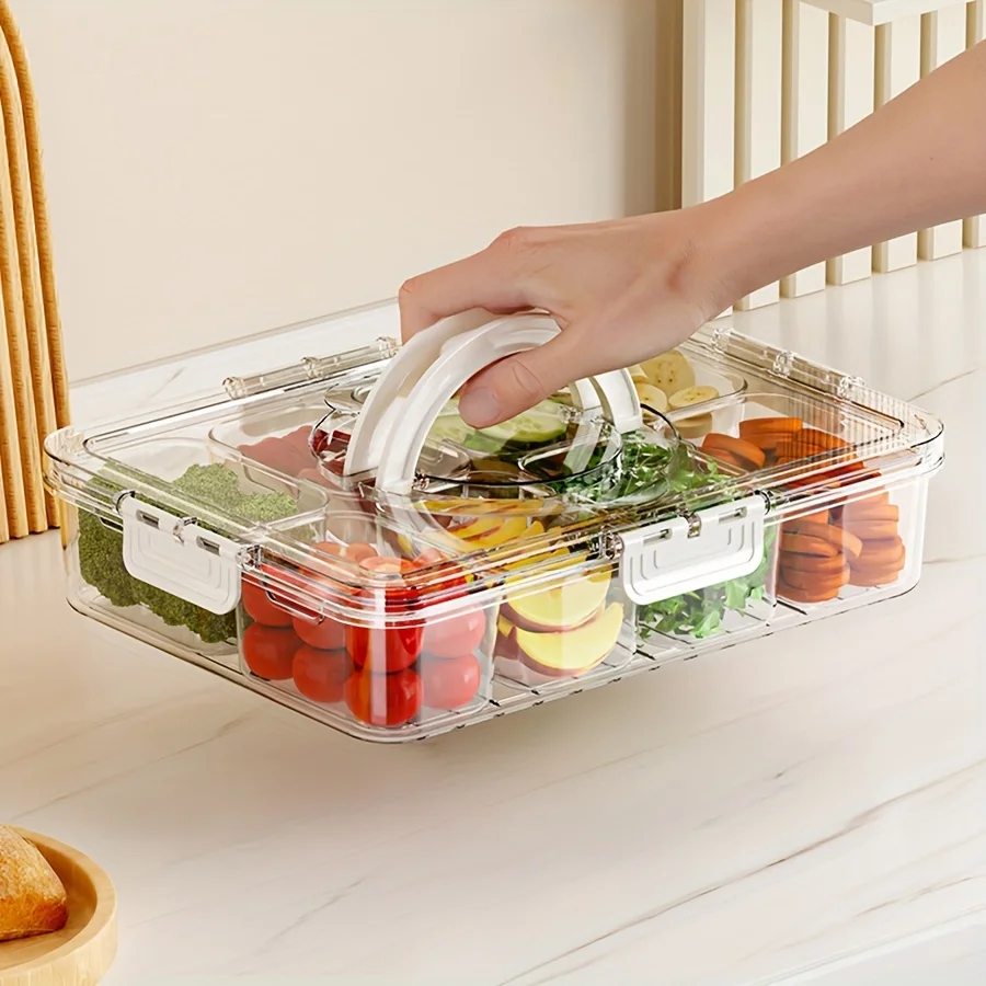 Divided Plate with Lid, Food Storage Box, Snack Box, 4/8 Grid Snack Box, Fruit Storage Box for Refrigerator, Vegetable, Fruit