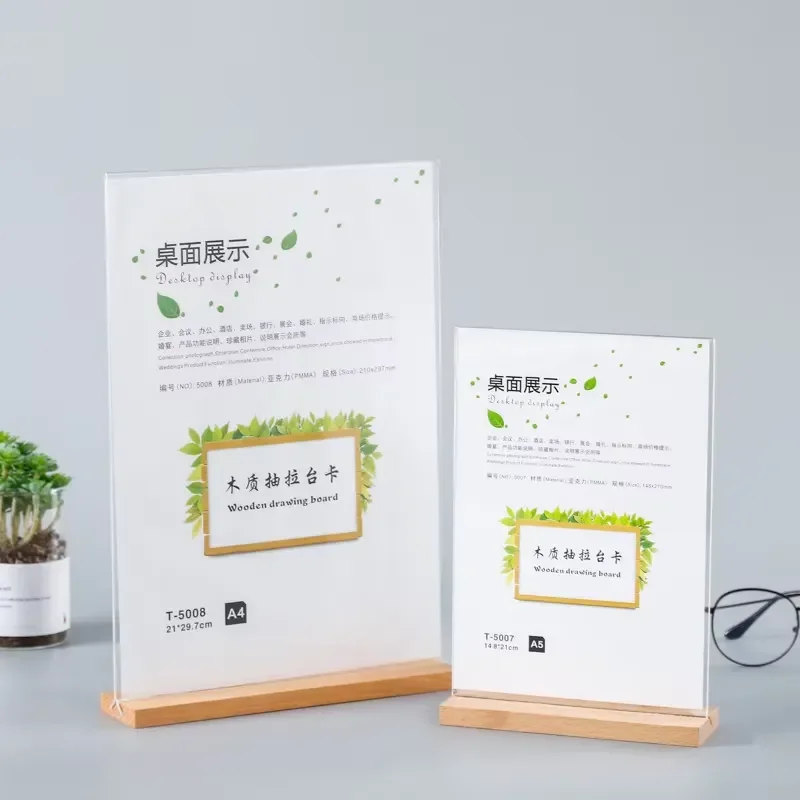 Custom Double Sided Acrylic Table Card Holder With Eco Friendly Wooden Base Vertical Pull Out Display Stand For Restaurant