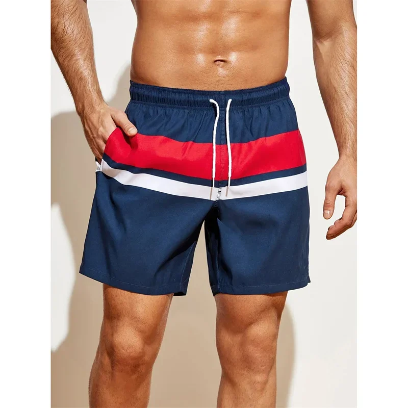 Pantaloncini da spiaggia con motivo a strisce colorate per uomo Cuciture colorate Costume da bagno stampato in 3D Pantaloncini da surf estivi Hawaii Pantaloni corti larghi