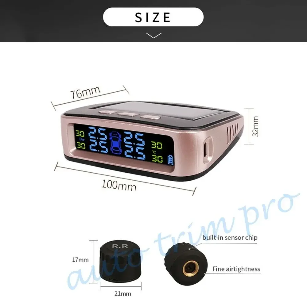 Tire Pressure Monitoring System With 4X External Sensors Solar Wireless Car TPMS LCD Display Mode Clear Accurate