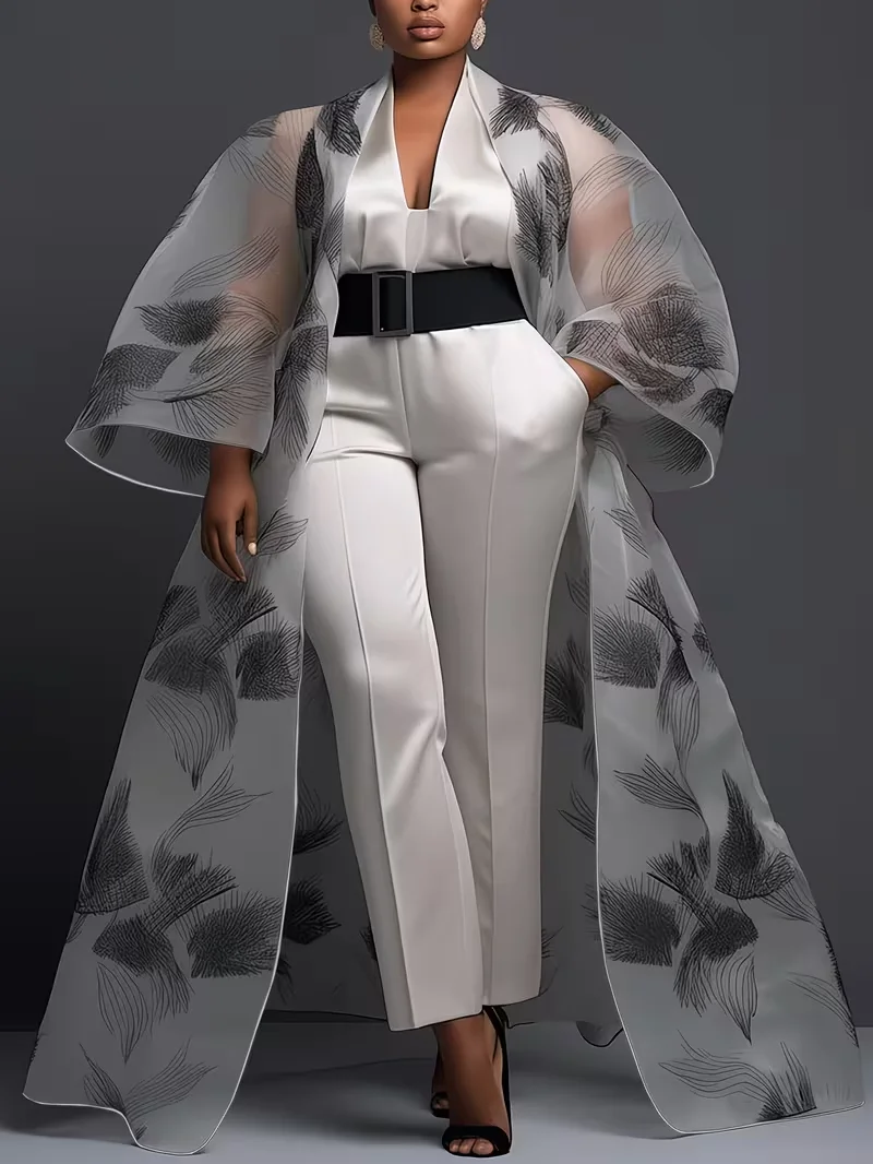 

Women Sheer Organza Cover-ups Long Cape Blouse with Abstract Print Wide Sleeve Open Front Elegant Evening Plus Size Cover Up