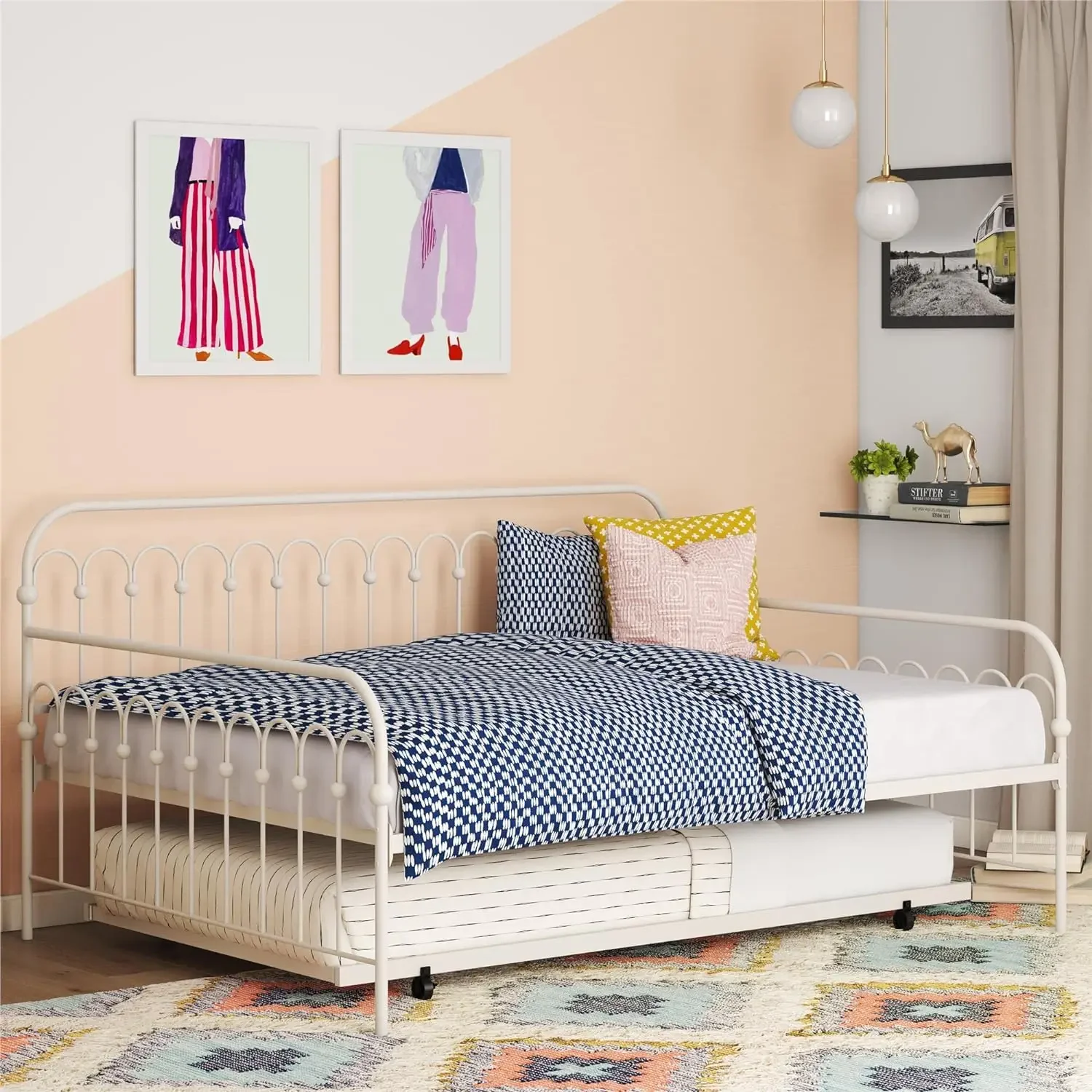 

Bright Pop Twin Metal Daybed and Trundle, Stylish & Multifunctional, Built-in Casters, White