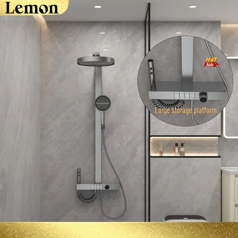 

Gray Large Bathroom Shower Faucet Set Smart Digital Display Piano Style Rainfall System Mixer Tap with Bidet Hand Shower