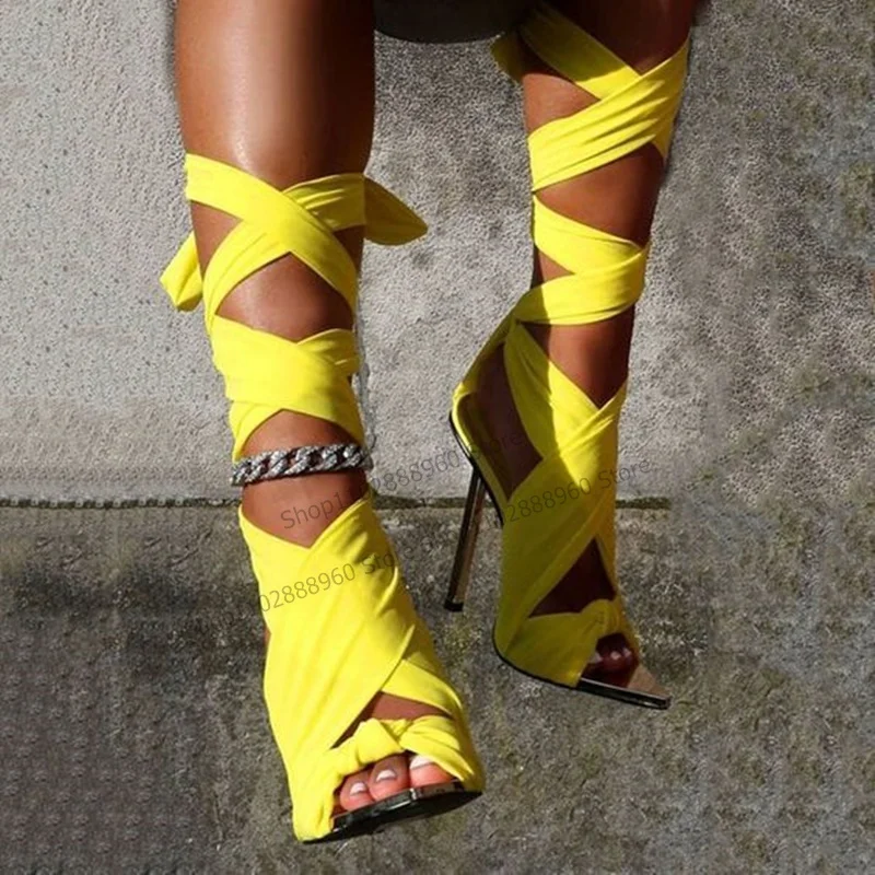 

Lace Up Yellow Riband Sandals Stilettos High Heel Cut Heel Women Shoes Pointed Toe 2023 Fashionable Zapatos Para Mujere