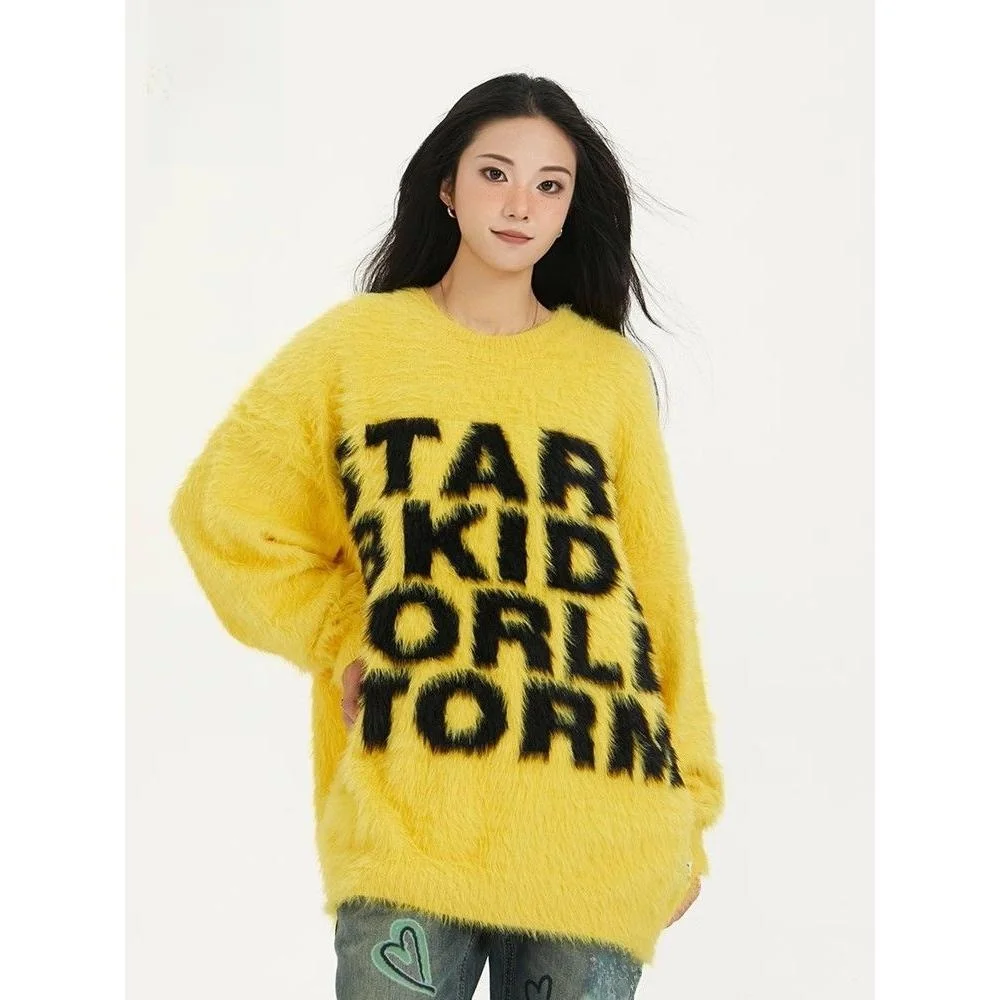 

Lazin Sle Mink Sweater Loose Fit ex American Retro Trendy Brand Couple's Top Coat Casual Polyester Fiber Autumn Long...