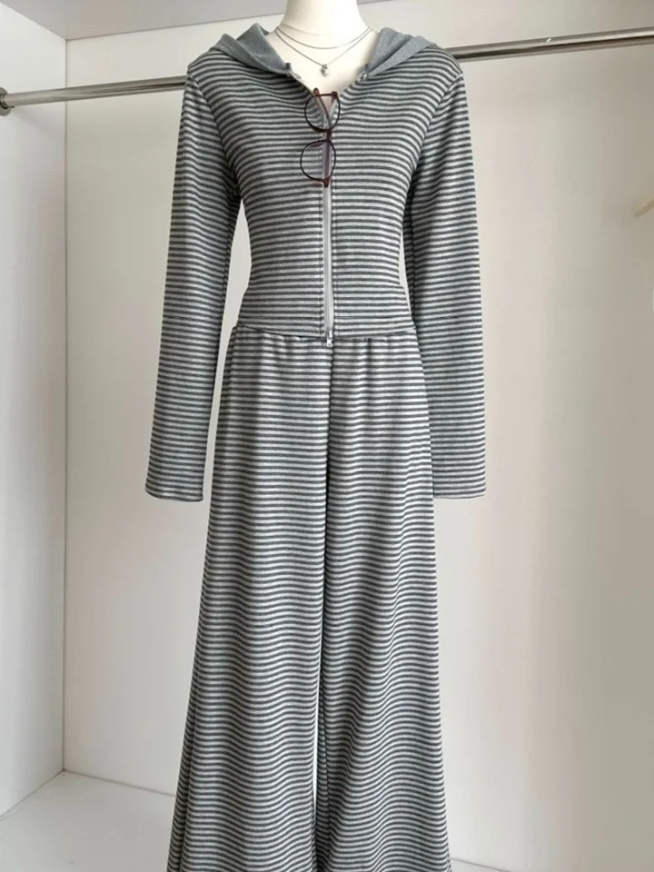 

Laid-ba Women's Autumn Set Loose Wide-leg Pants Hoodie Stripe Pattern Comfortable Faion Outfit Two-piece Suit