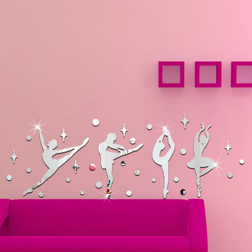 new 3D Acrylic Mirror Surface Wall Sticker Ballet Dance Girls Design for Dance room Kindergarten Wall Decoration 60067