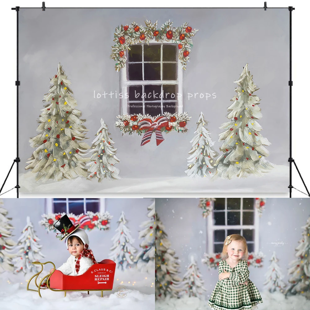 

Snowy Windows Backdrops Christmas Trees Adult Family Portrait Photography Winter Snowflake Background Baby Kids Photocall Props