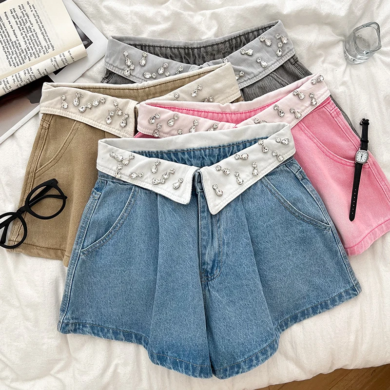 

Designer Style 2024 Summer Fashion Streetwear Turn Waist Over Crystals Beading Denim Shorts Women Jeans