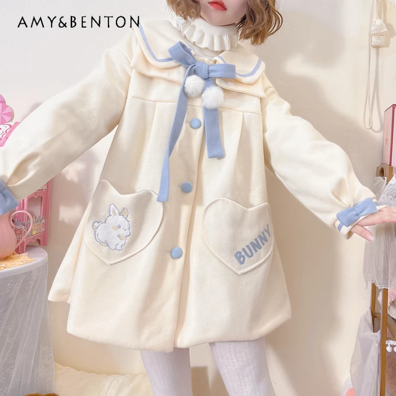 Plus Size Lolita Coats Sweet Cute Doll Collar Cartoon Printed Wool Coat Lace-up Bow Lantern Sleeve Winter Coat Kawaii Women Coat