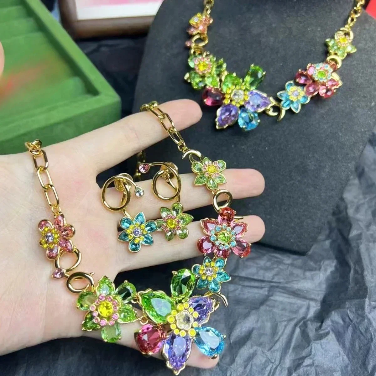 

Оригинальный новый тренд 2025, комплект ювелирных украшений, очаровательный синий цветок, зеленый кристалл, модное роскошное ожерелье, серьги, романтический подарок для женщин