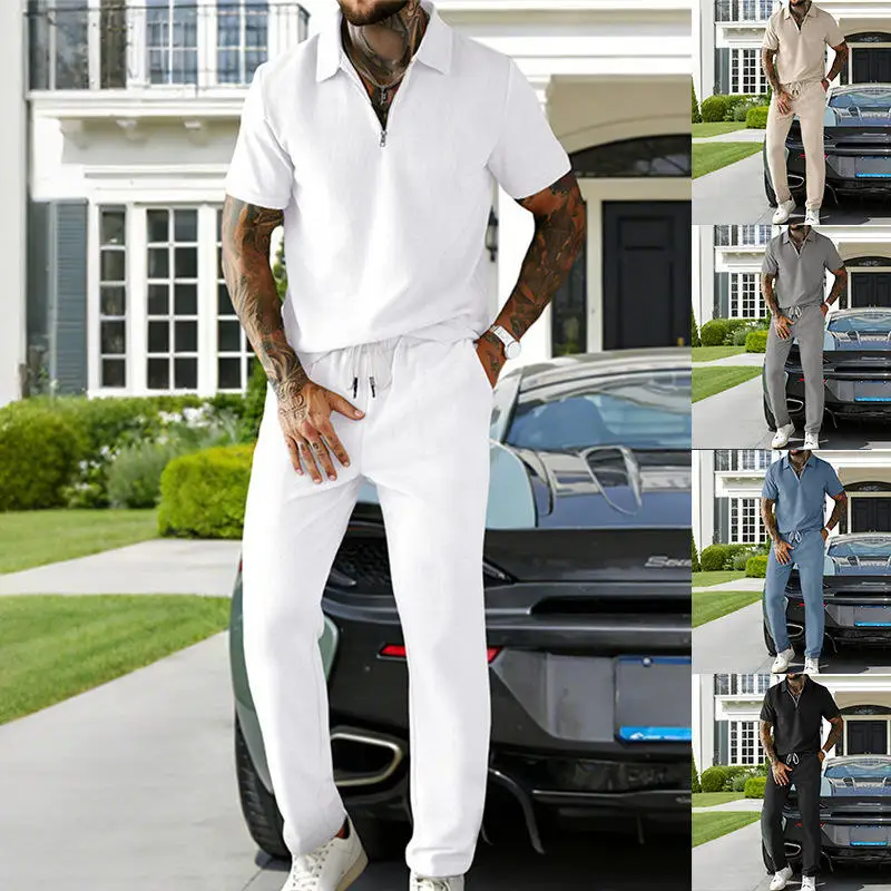 

New 2026 Men's Summer Casual Trendy Corduroy Short Sleeve Collared Long Pants Set Youth Fashionable Outfit Ensemble