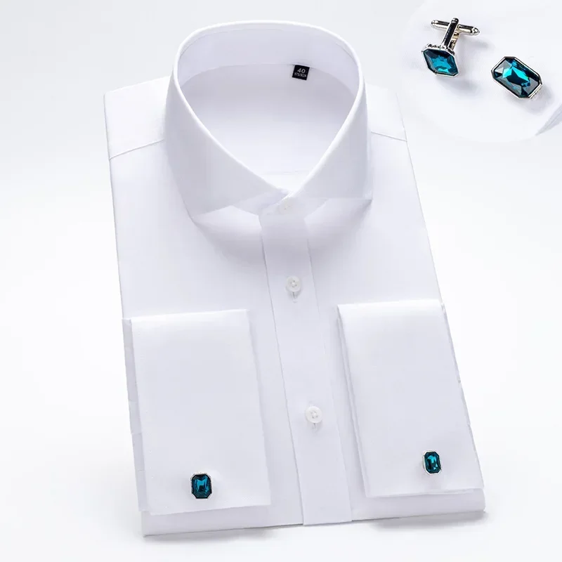 Luxury Windsor Collar Men's Cotton French Cuff Shirt Non Iron Quality Long Sleeve Business Formal Male Dress Cufflink Shirts