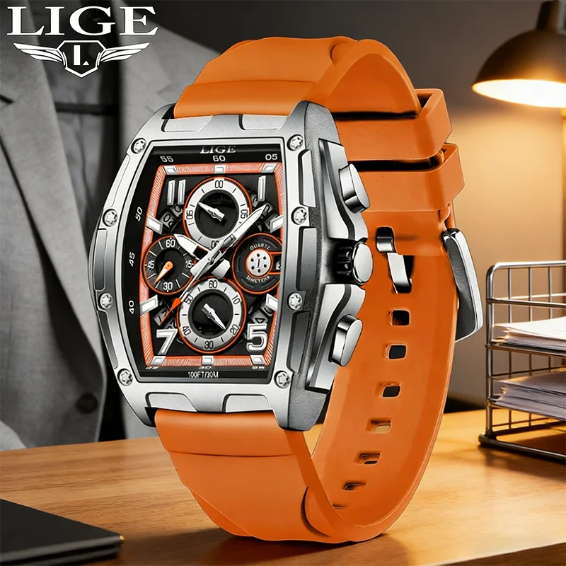 

Мужские роскошные часы LIGE Fashion, спортивные часы для мужчин, уникальный квадратный дизайн, хронограф, кварцевые, водонепроницаемые, с ремешком.