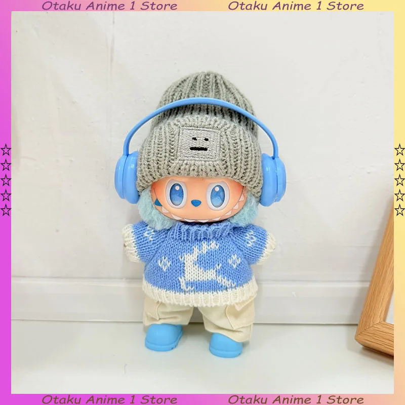 Voor Labubu Kleding Leuke Elanden Trui Bont Met Oor Afgedekte Konijn Hoed Set Mini Pluche Pop Kleding Mode Pop Accessoires Cadeau