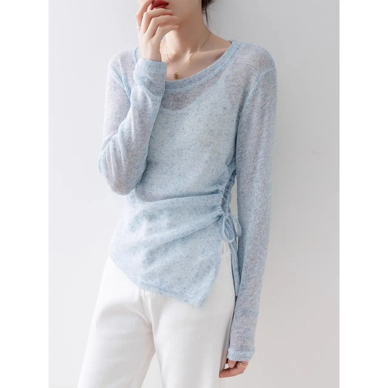 Sun Protection Knitted Long Sleeve T-Shirt Women's New Style Korean Elegant  Color Asymmetrical round Neck Gathered Top
