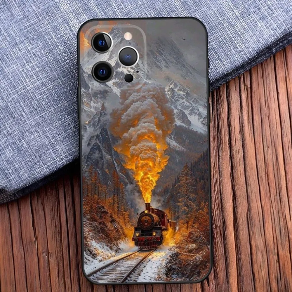 Classic Steam Train Railway Phone Case For iPhone 16,15,14,13,12,11,Pro,X,XS,Max,XR,Plus,Mini Black Soft Silicone Case image 2