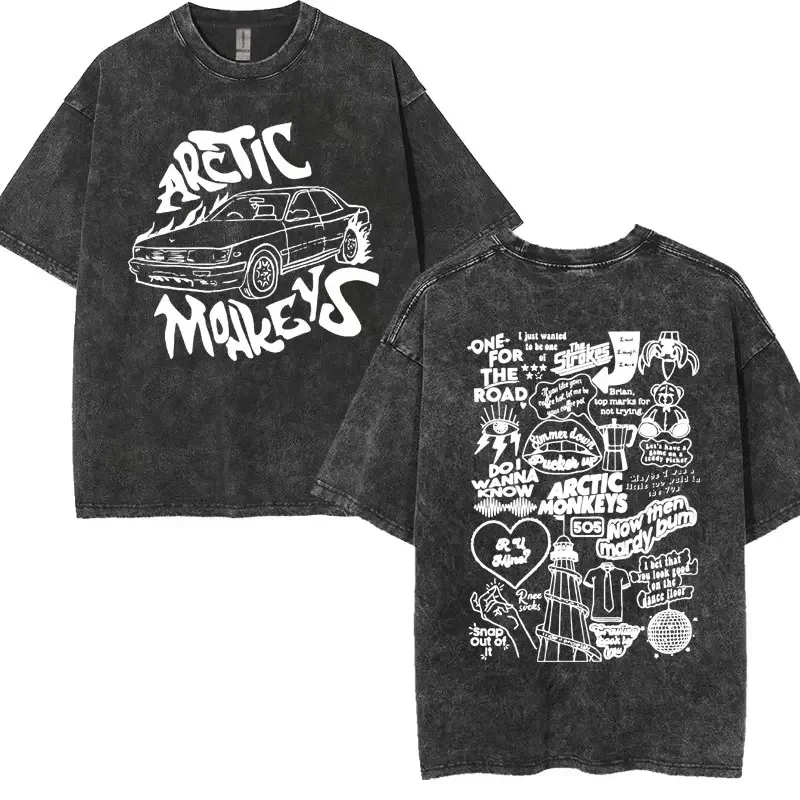 

Album List Doodle Print Retro Washed Cotton Tees Arctic Monkeys Inspired T Shirt Men's Women's Hip Hop Oversized Tops Streetwear