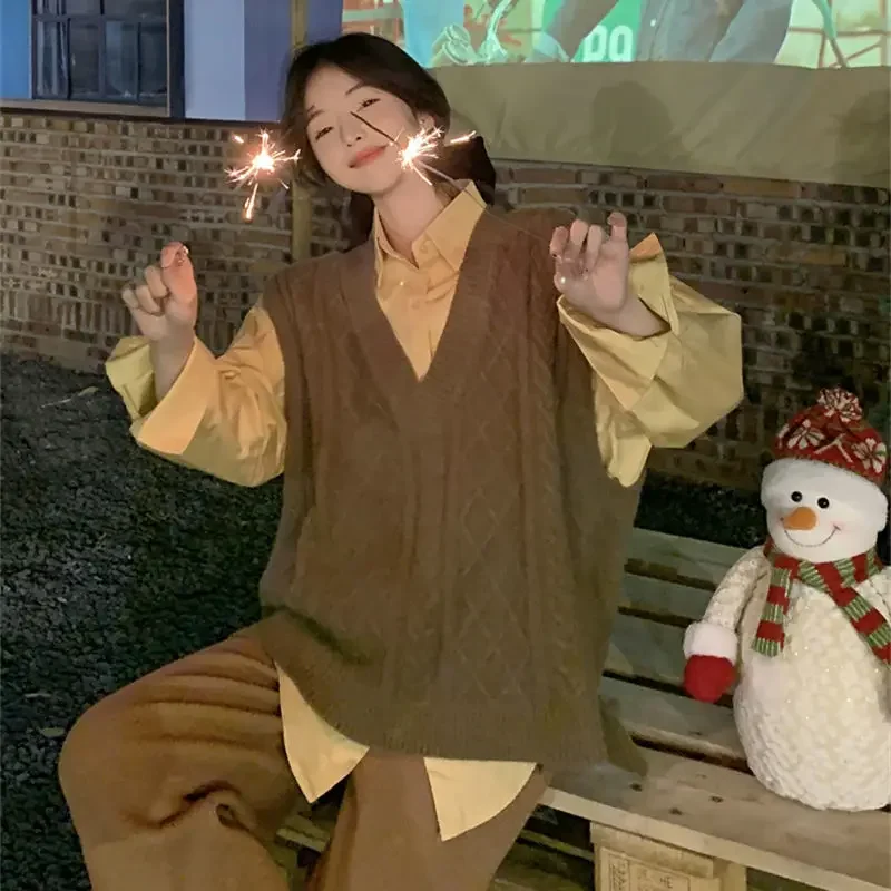 

Women 2 Pieces Sets Sweater Vests Shirts Solid Loose Teens Preppy Style Young Gentle Cozy Knitted Streetwear Mujer Outfits Retro