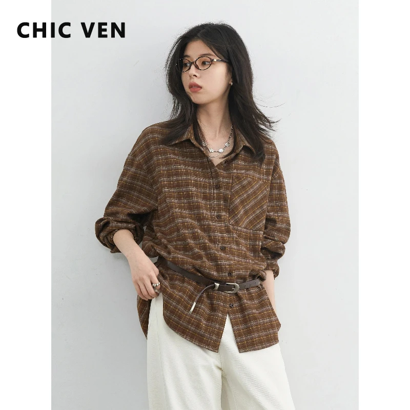 

CHIC VEN Новая женская рубашка с длинным рукавом, однобортная, свободного кроя, повседневная, с эффектом потертости, в клетку, весна-осень 2026