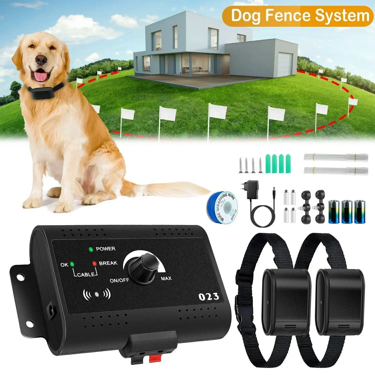 Dog Fence Containment System, Electric Shock Sound Collar Pet Dog Remote Transmitter Training Collar Waterproof Pet Dog Supplies