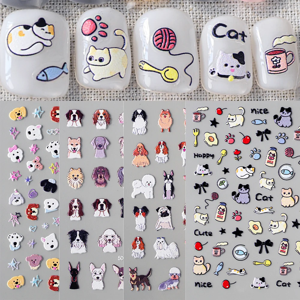 1Pc Lovely Dog Cat Animal 5D Embossed Nail Sticker Cartoon Pet Puppy Cat Adhesive Nail Art Decals Bowknot Star Manicure Sliders