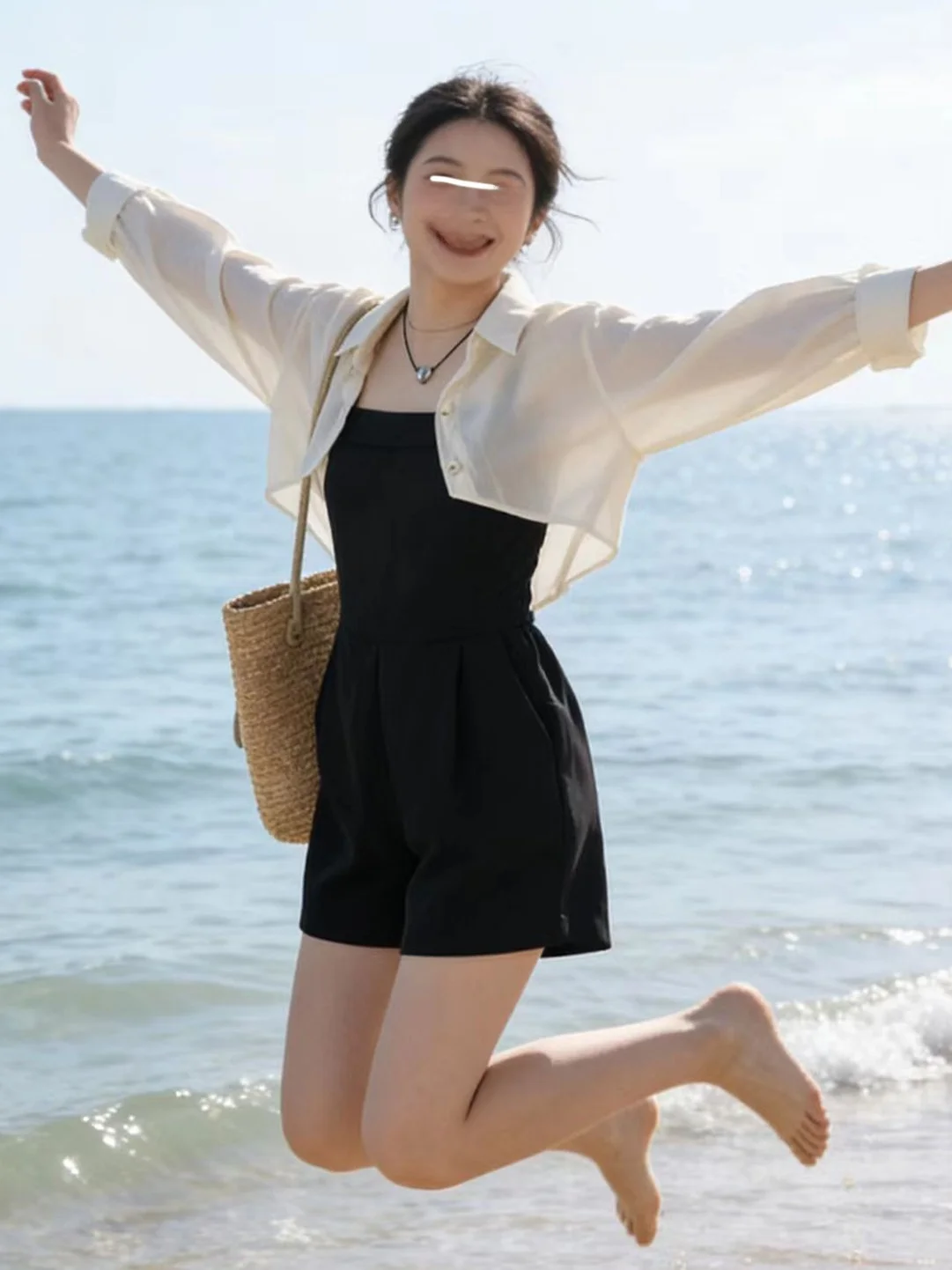 

Fashionable Short Sleeve White Shirt Women's New Style with Black Strap Romper Set High Waist Short Pants Spring Commute Style