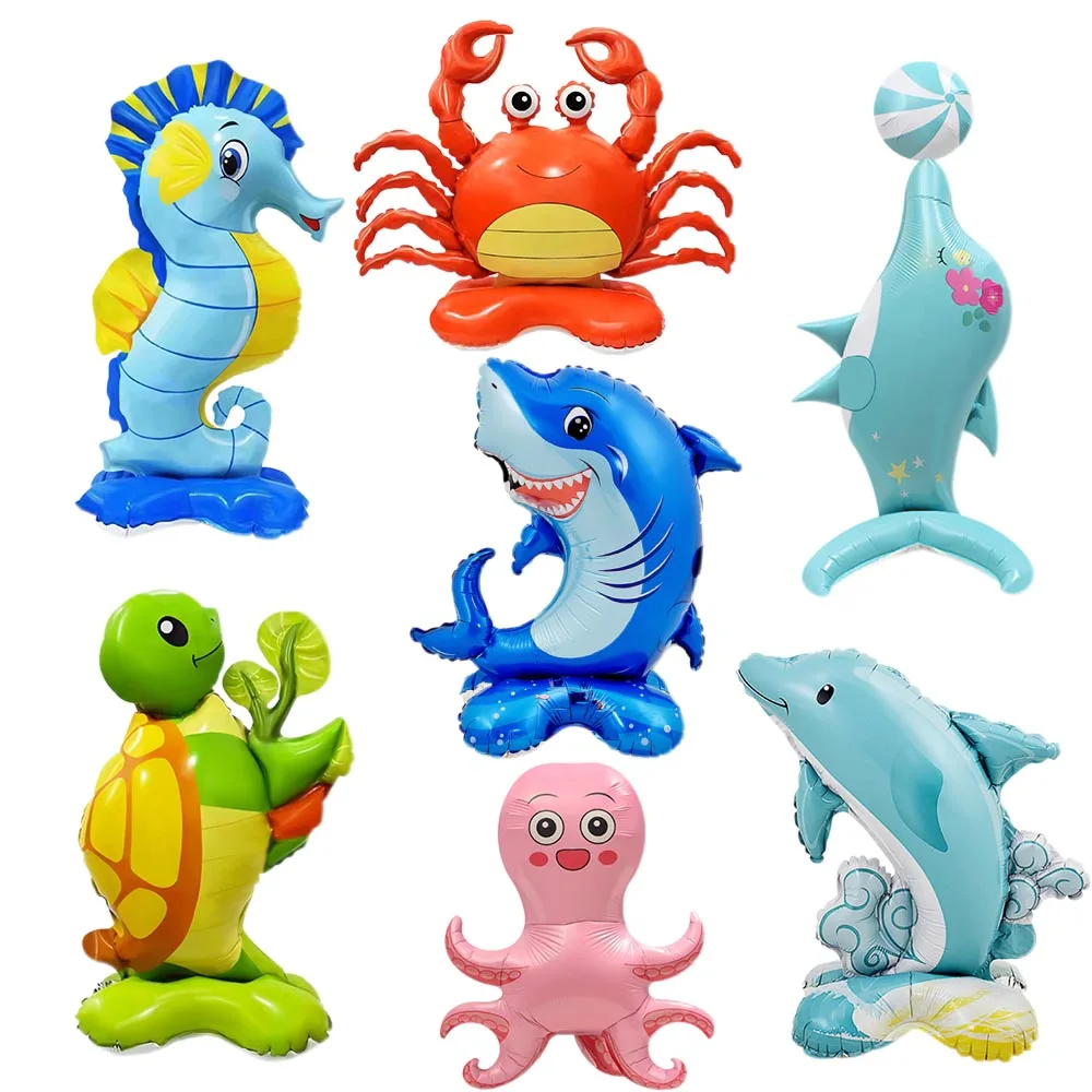 Self Standing Marine animal balloons Sharks Dolphins Crabs Turtles Seahorses for Baby Shower Ocean Theme Party Decorations