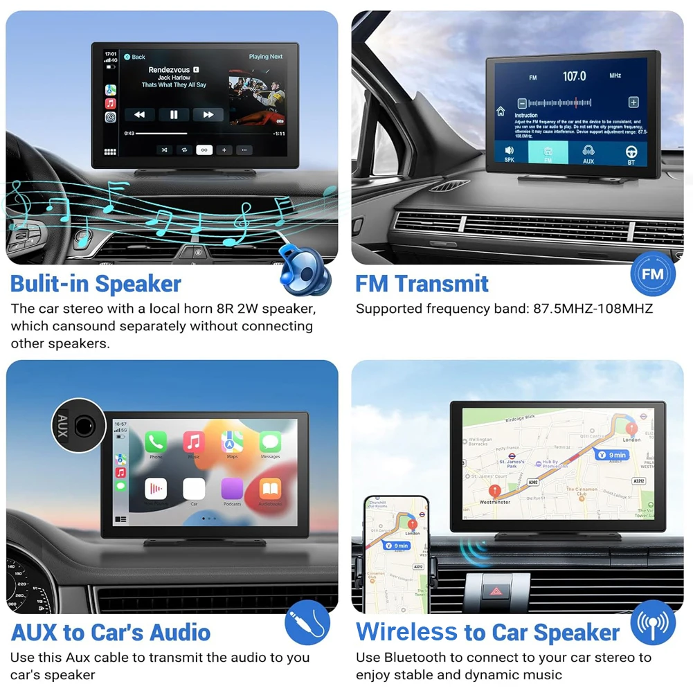 9 Inch Portable Wireless Carplay&Android Auto Portable Car Stereo with BT/Mirror Link/GPS Navigation/Aux/FM for Rear View Camera