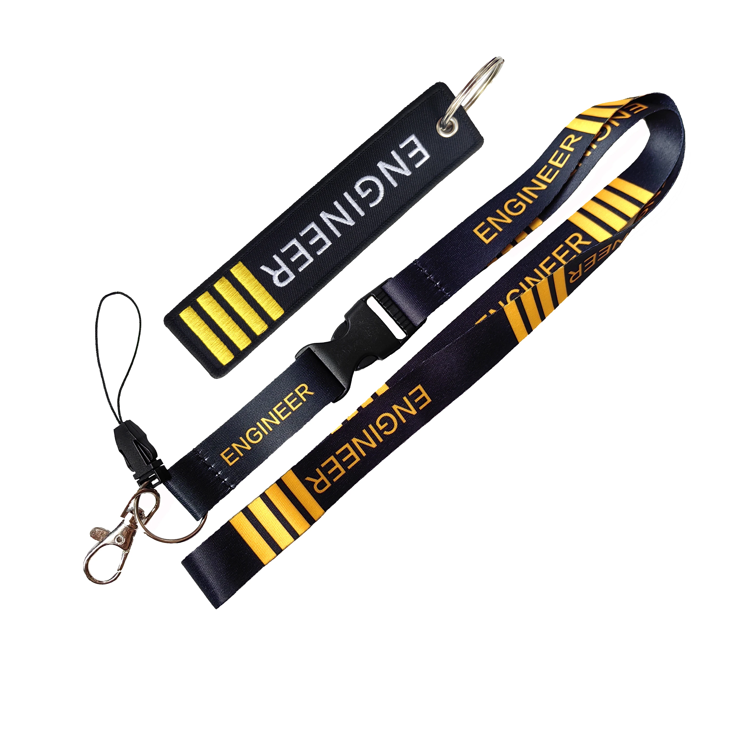 

2 PC PILOT ENGINEER Double Sided Embroidered Keychain Black Lanyardaircraft Crew Gift For ID Card And Work Badge Lanyard