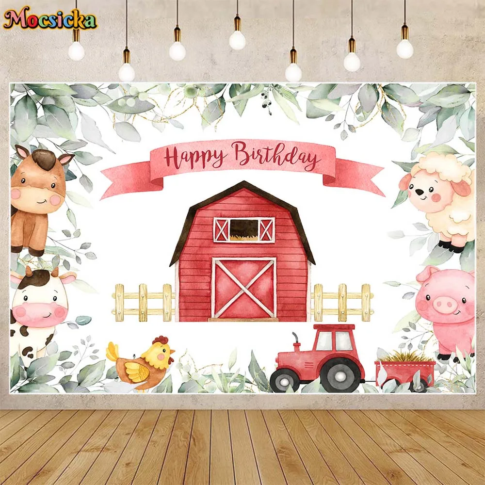 

Mocsicka Farm Kids Birthday Backdrop Red Barn Animals Leaves Boys Girl Birthday Party Photo Background Decor Banner Studio Props