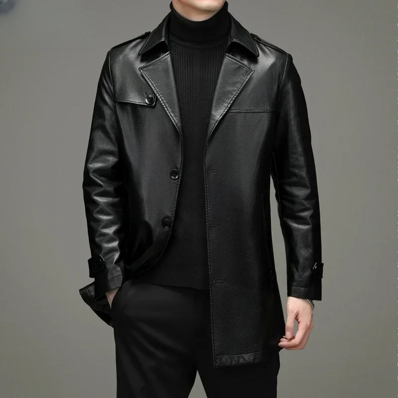 

Genuine Leather Jacket for Men 2023 New Autumn Winter Mid-length Casual Leather Jackets Single-breasted Black Coats Windbreaker