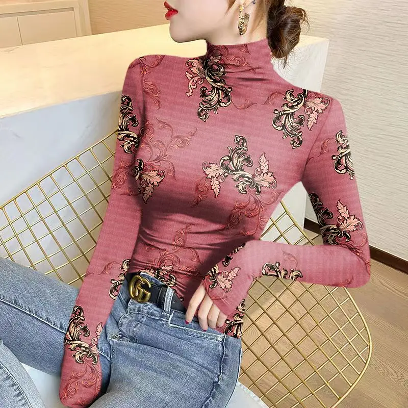 Women\'s Half High Collar Plant & Flowers Bottom Fashion Printing Long Sleeved Pullover T-shirt Slim Tops