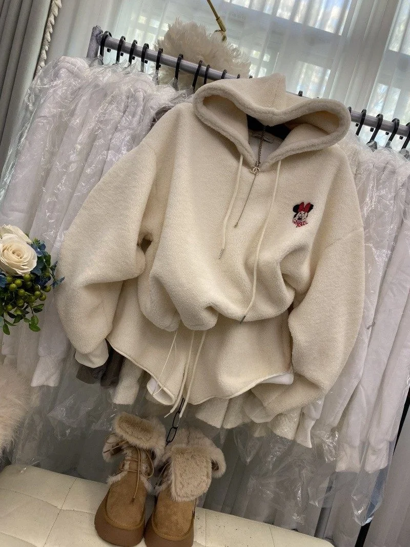 

Корейский утепленный флисовый комплект с капюшоном и вышивкой: толстовка и свободные брюки для женщин, осень-зима