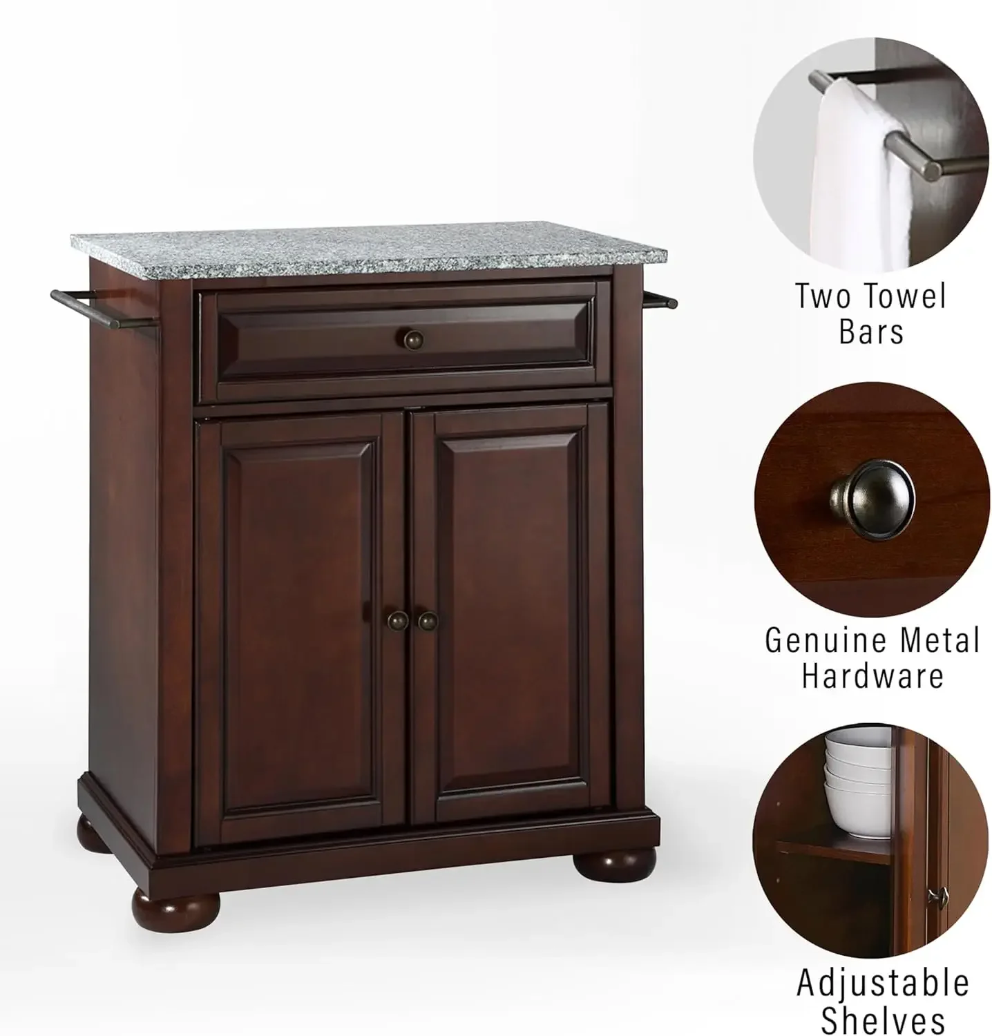 Alexandria Cuisine Kitchen Island with Solid Grey Granite Top - Vintage Mahogany