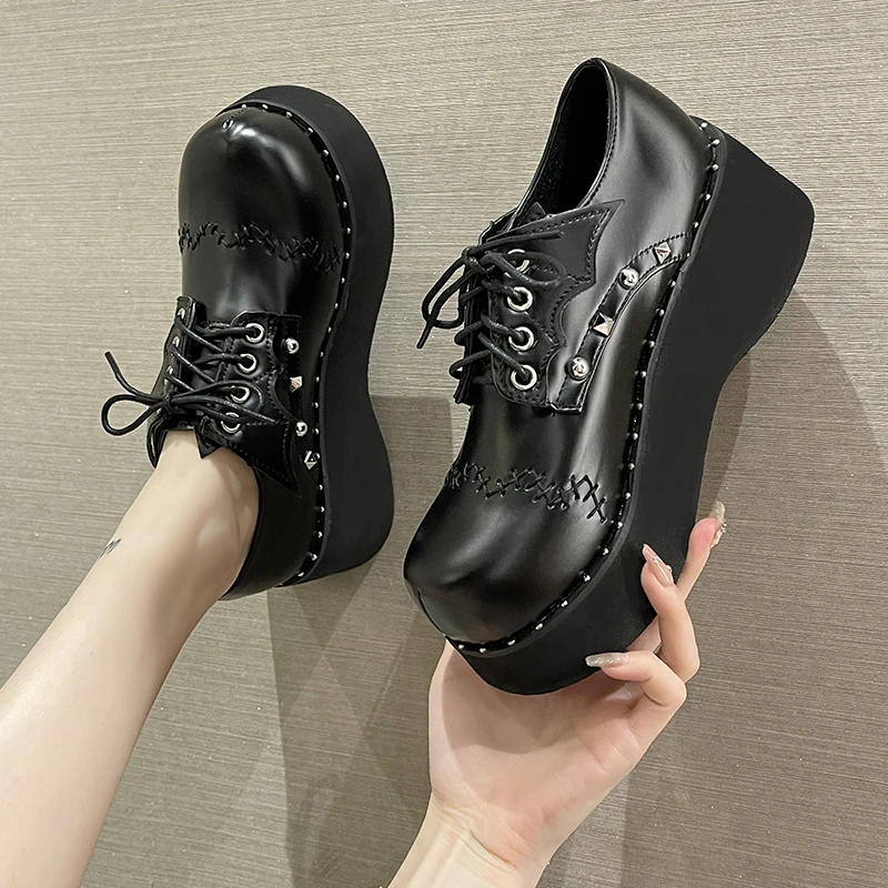 Y2K Rivet Punk Gothic Shoes Girls Lace-Up Chunky Platform Mary Janes shoes Women Japanese Style Wedges Pumps  PU Leather Shoes